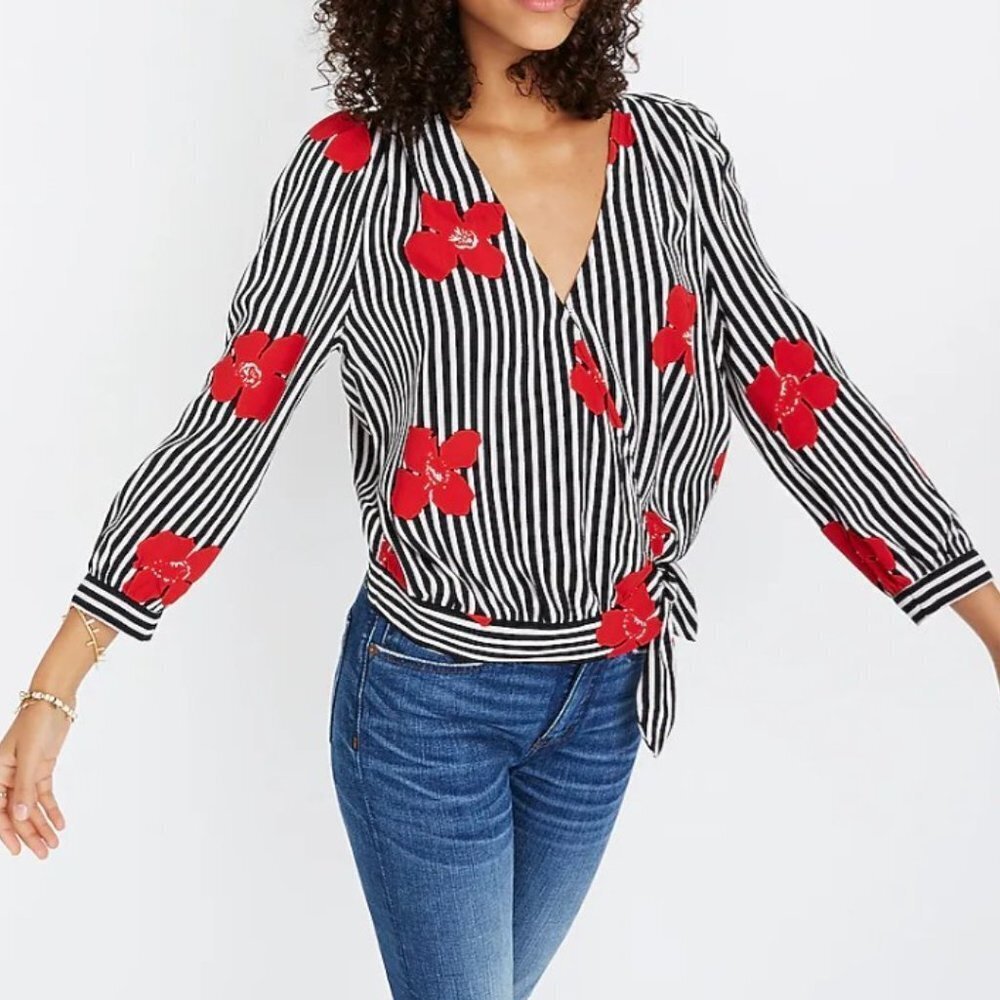 Madewell Black White Striped Wrap Top in Candied Orchids